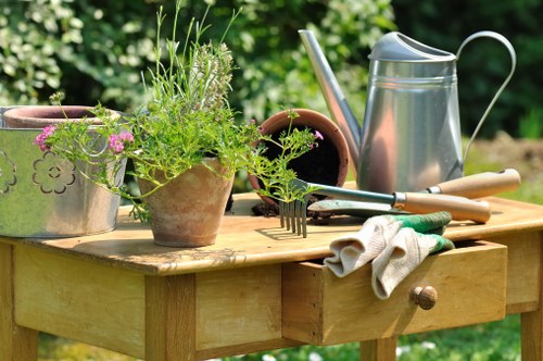 Close-up of trimming tools and safety gear used in Wembley hedge maintenance